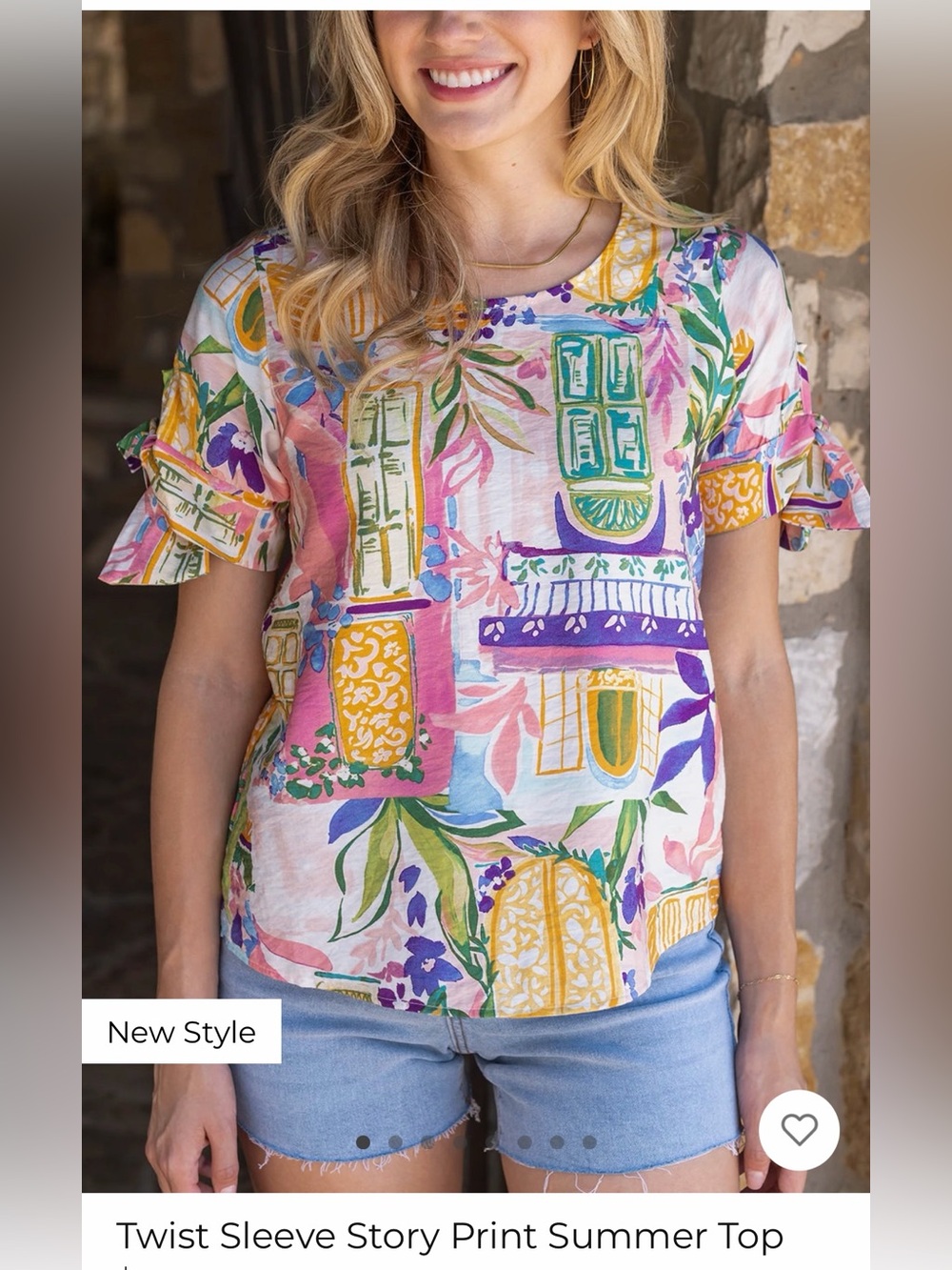 Grace & Lace Twist Sleeve Story Print Summer Top